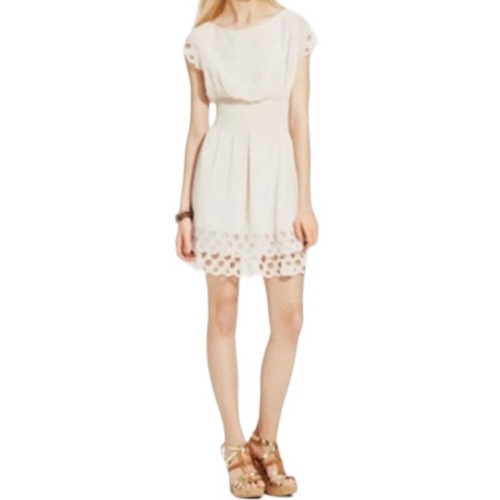 Bar III Cream Smocked Waist Eyelet Trimmed Dress S